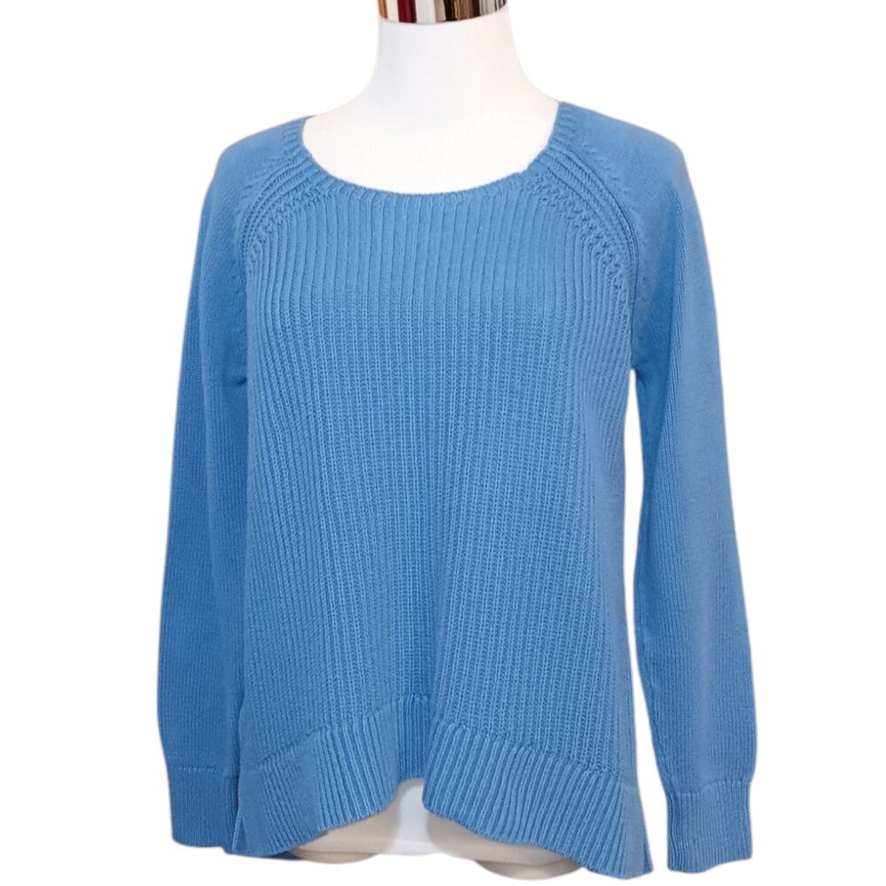 LOFT Cableknit Sweater M Cotton High‎ Low Hem Blue Casual Office Career Event - Picture 9 of 10